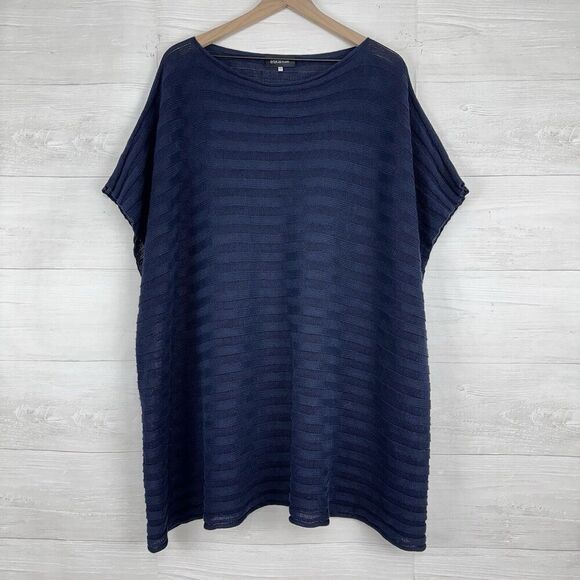 Eskandar Kaftan Poncho OS Linen Lagenlook Sweater Tunic Top Handloomed Knit Blue - Picture 11 of 11